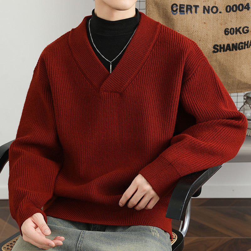 V-neck Men's Solid Color Coarse Yarn Knitted Sweater