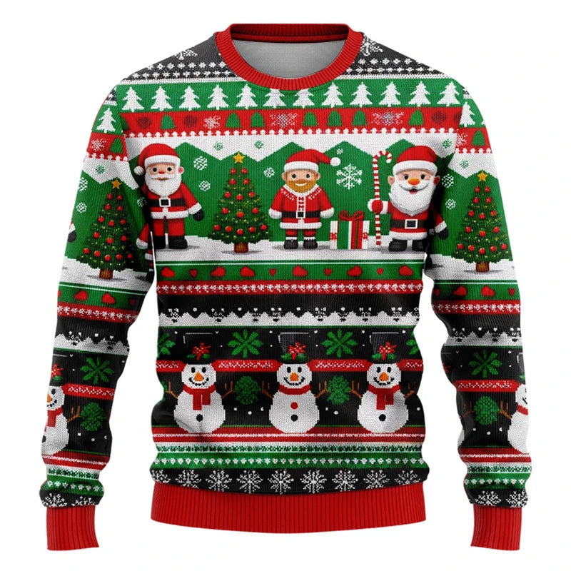 Christmas Snowman Elderly Printed Holiday Party Round Neck Sweater