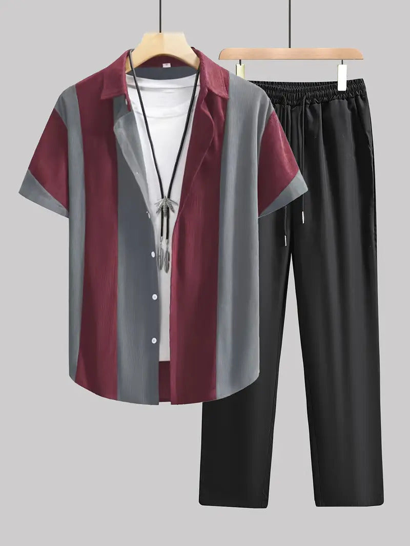 Casual Striped Short Sleeve Shirt Trousers Suit