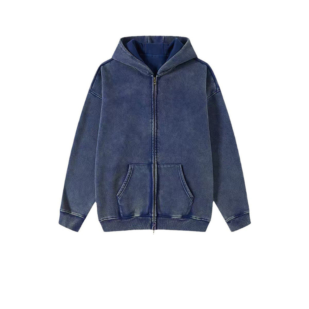 Washed Hooded Cardigan Vintage Fleece-lined Double Zipper Sweater