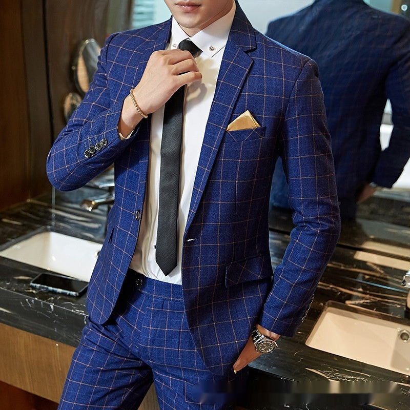 Men's Korean-style Business Suit Slim-fit Plaid Casual Wear