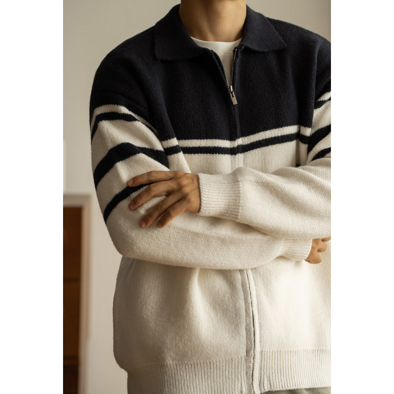Young Contrast Color Striped Lapel Sweater Men