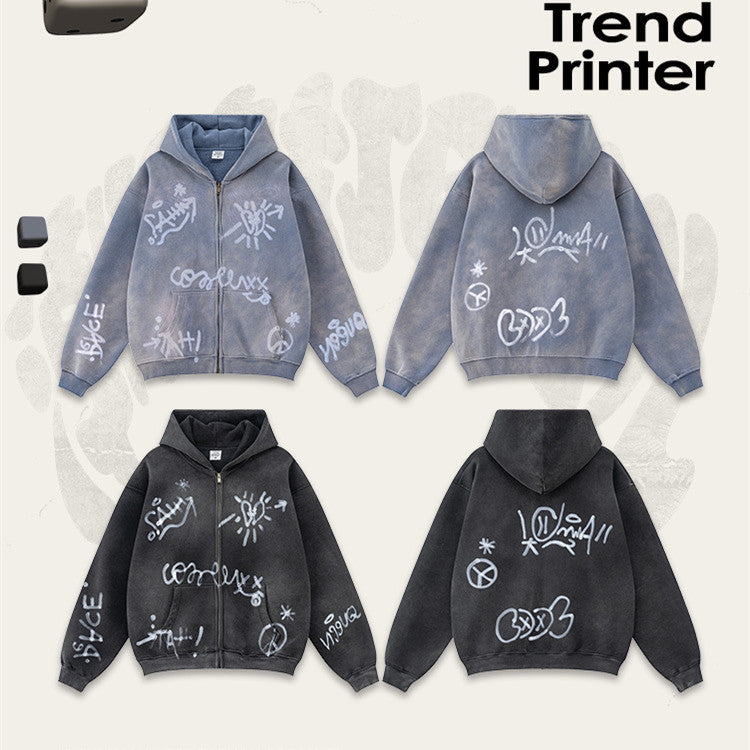 Retro High-grade Graffiti Long-sleeved Knitted Cardigan hooded sweater