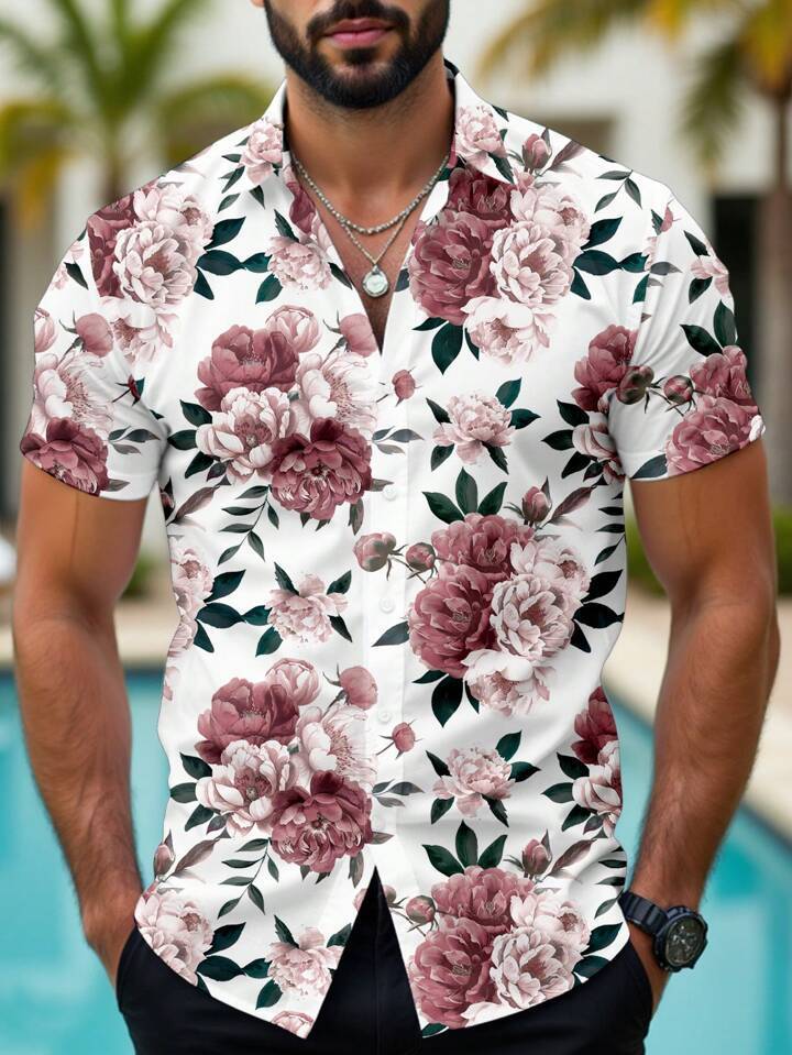 Hawaiian Tropical Floral Printed Casual Men's Shirt