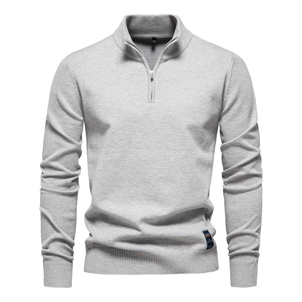 Men's Stand Collar Half Zip Solid Color Cotton Sweater