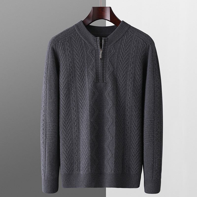 Autumn And Winter Pure Wool Men's Diamond Lattice Loose Half Zipper Sweater