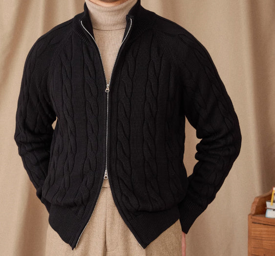 Pure Cotton Knitted British Thickened Twisted Double Zipper Cardigan