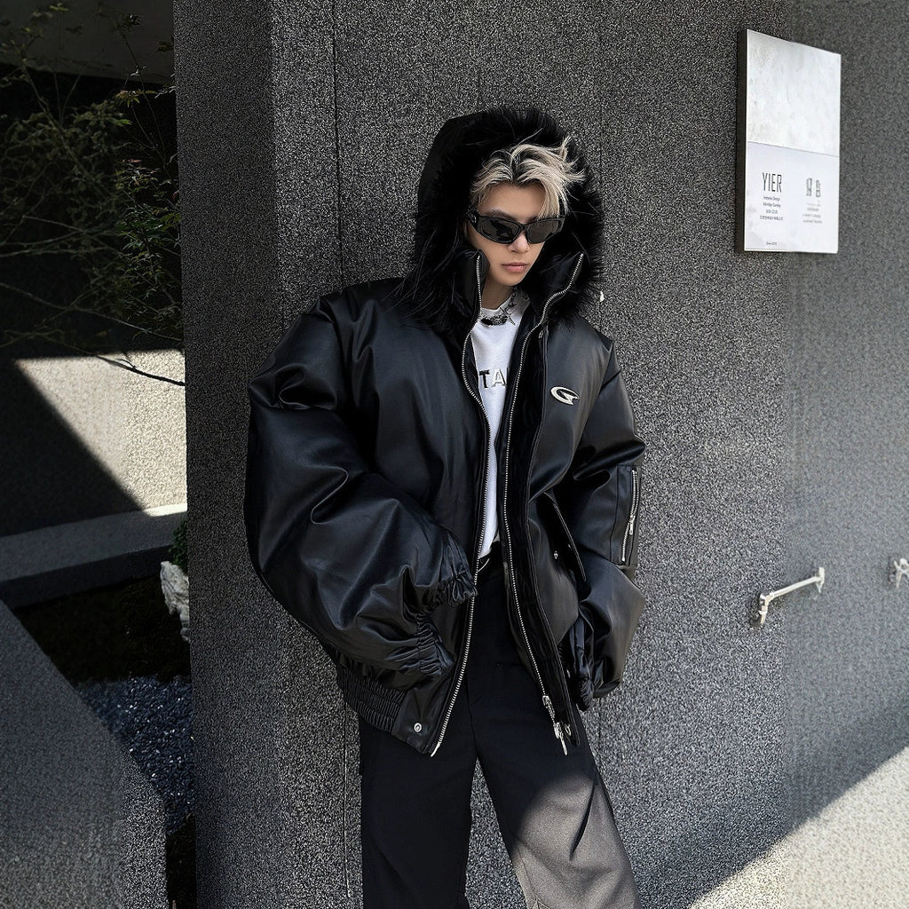 PU Leather Hooded Cotton Coat Jacket