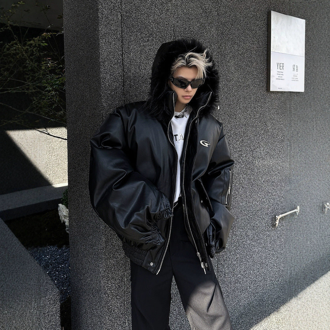 PU Leather Hooded Cotton Coat Jacket