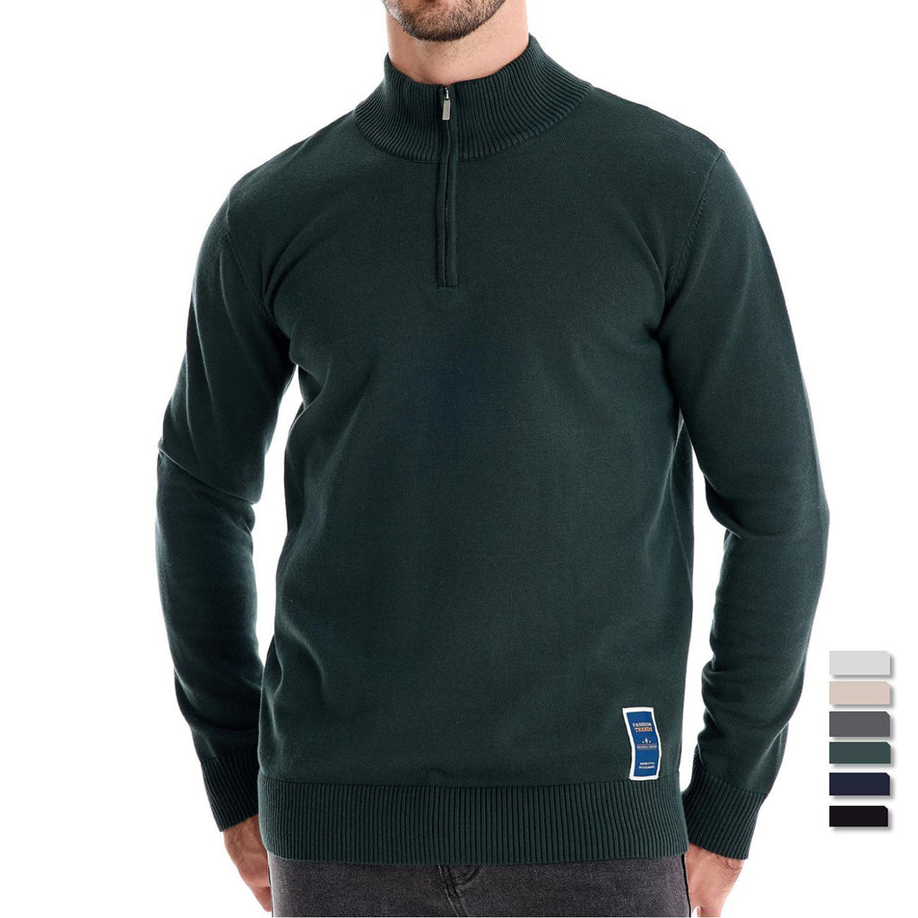 Men's Stand Collar Half Zip Solid Color Cotton Sweater
