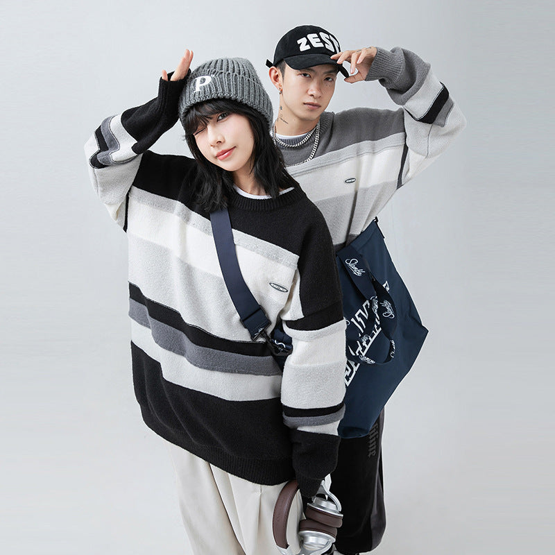 Japanese Style Men's Vintage Stripe Round Neck Sweater