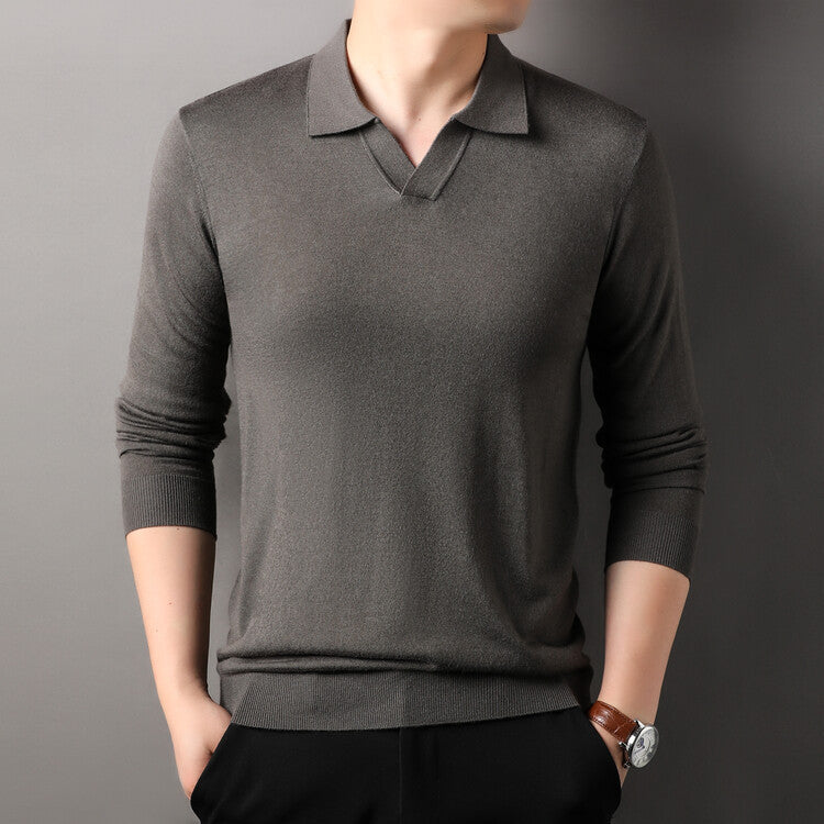 Spring And Autumn Long Sleeve Worsted Thin Lapels T-shirt Sweater