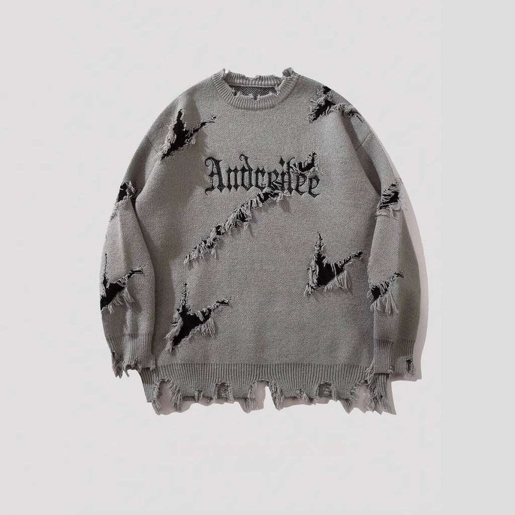 Street Jacquard Ripped Frayed Vintage Loose Sweater