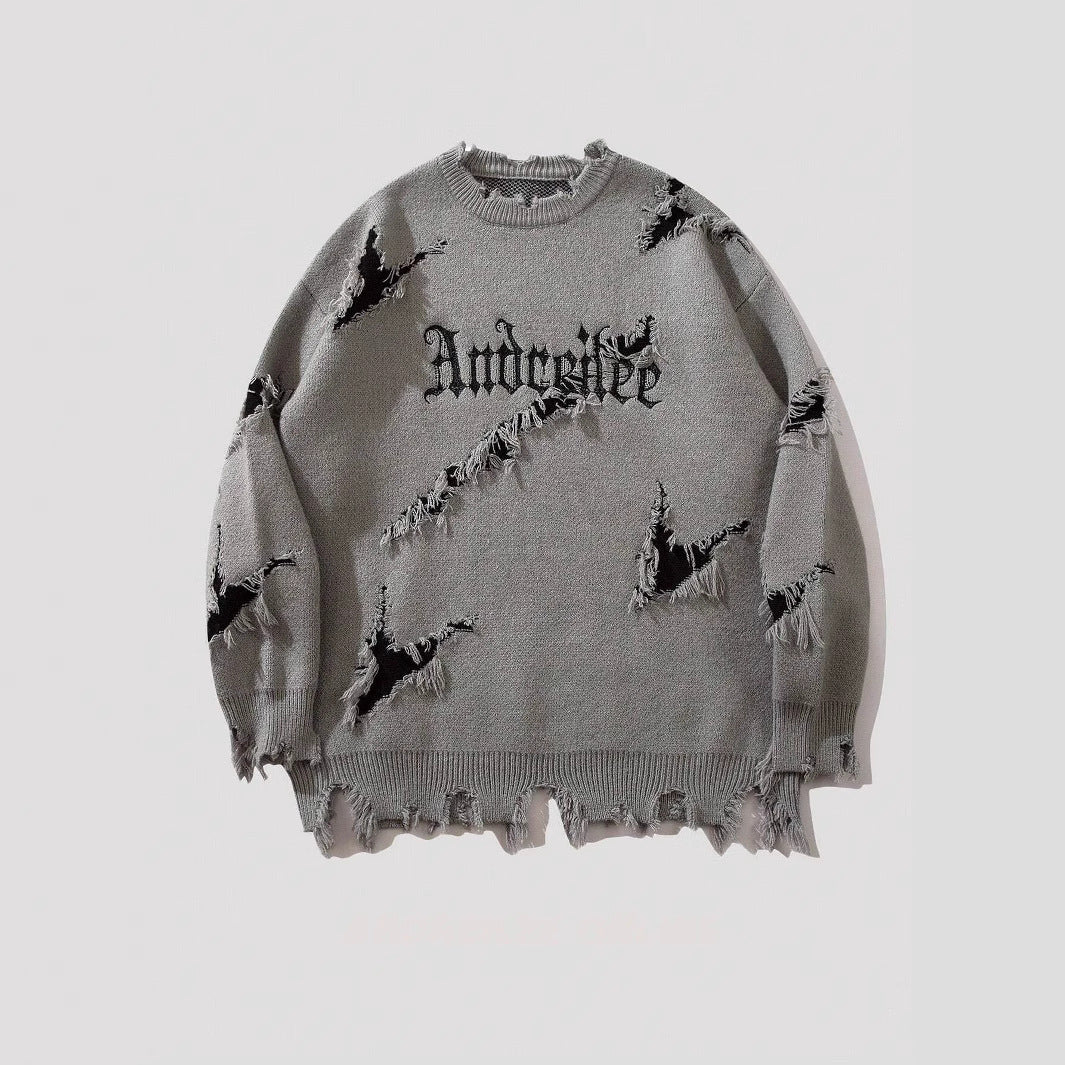 Street Jacquard Ripped Frayed Vintage Loose Sweater
