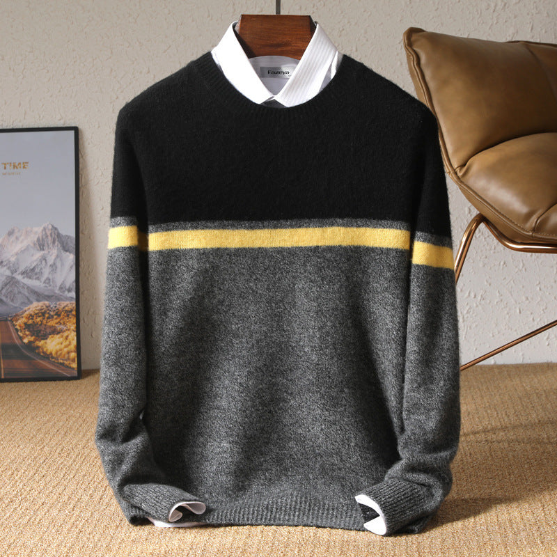 Striped Youth Pure Wool Men's Round Neck Loose sweater