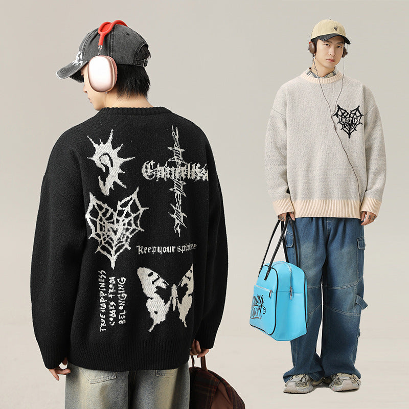 American Retro Hand-painted Jacquard Round Neck Sweater