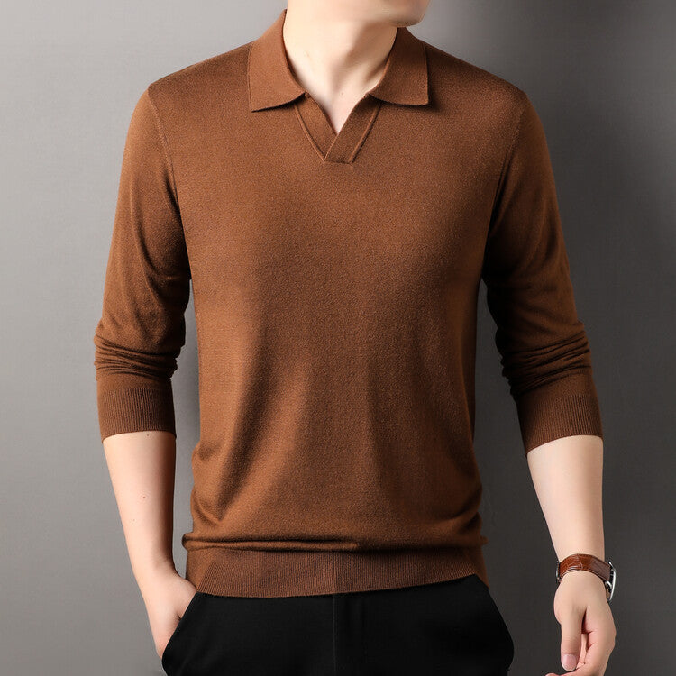 Spring And Autumn Long Sleeve Worsted Thin Lapels T-shirt Sweater