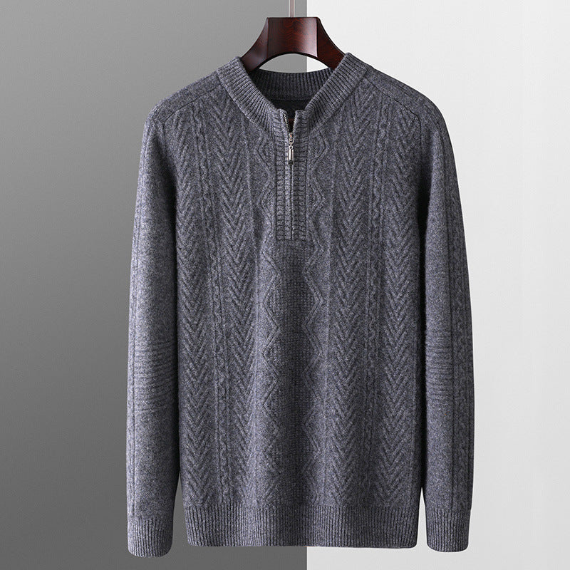 Autumn And Winter Pure Wool Men's Diamond Lattice Loose Half Zipper Sweater