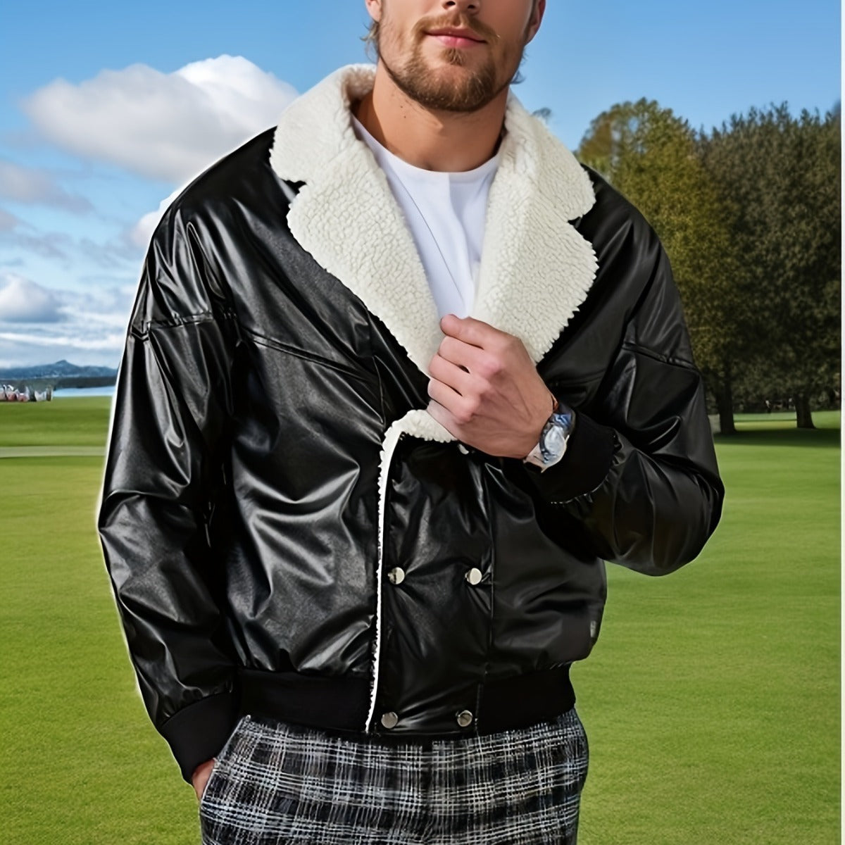 Men's Leather Fleece-lined Thickened Casual jacket