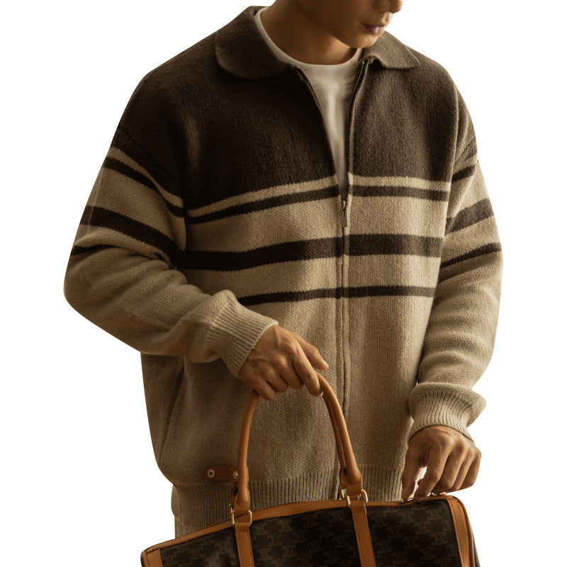 Young Contrast Color Striped Lapel Sweater Men