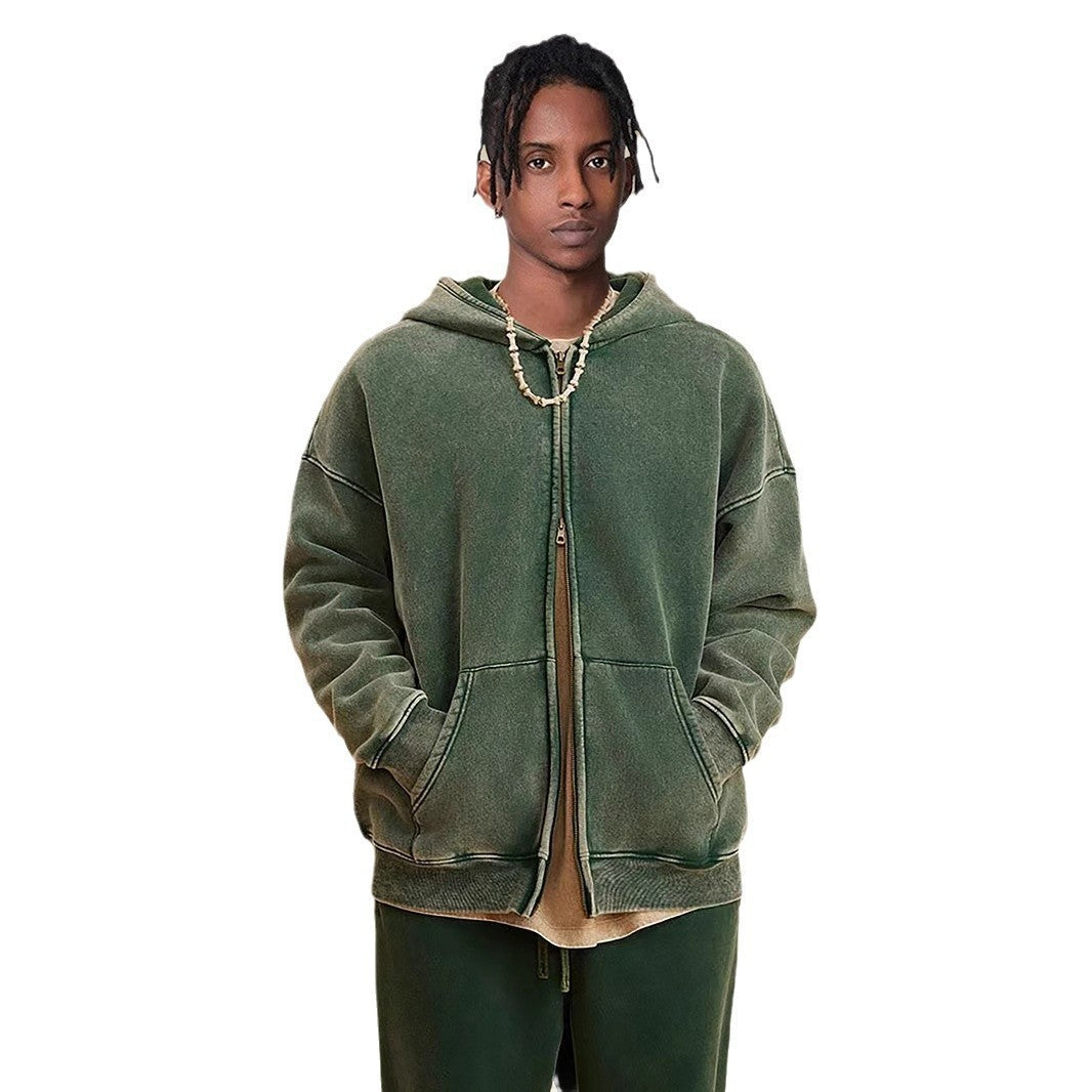 Washed Hooded Cardigan Vintage Fleece-lined Double Zipper Sweater