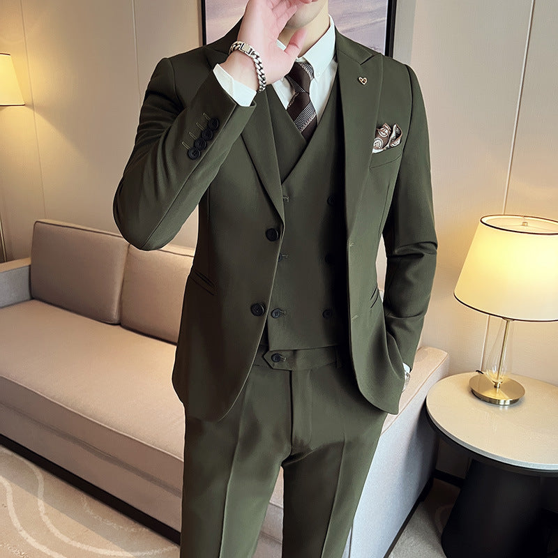 Slim Korean Style Double Buckle Solid Color Light Business Spring Striped Suit Jacket