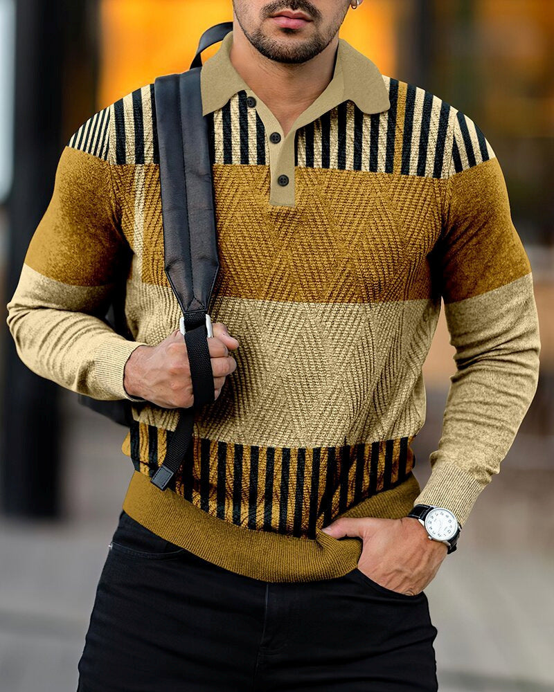 Men's Digital Printing Lapel Button Casual sweater