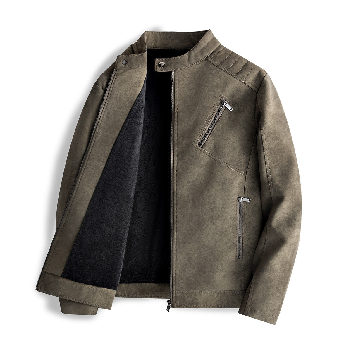 Men's Leather Fleece-lined Slim Stand Collar Jacket
