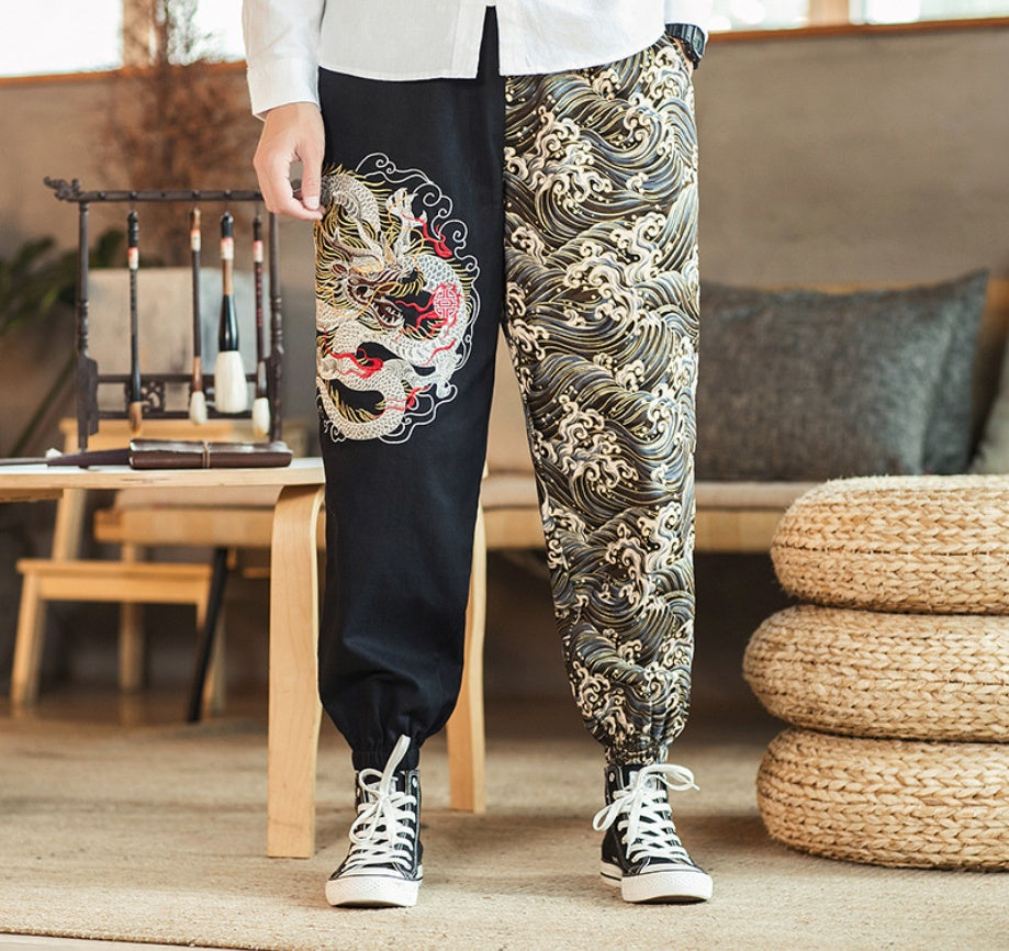 Embroidered Silver Dragon Casual Versatile Trousers
