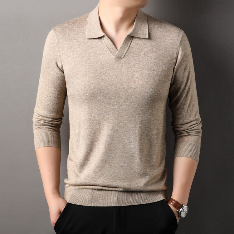 Spring And Autumn Long Sleeve Worsted Thin Lapels T-shirt Sweater