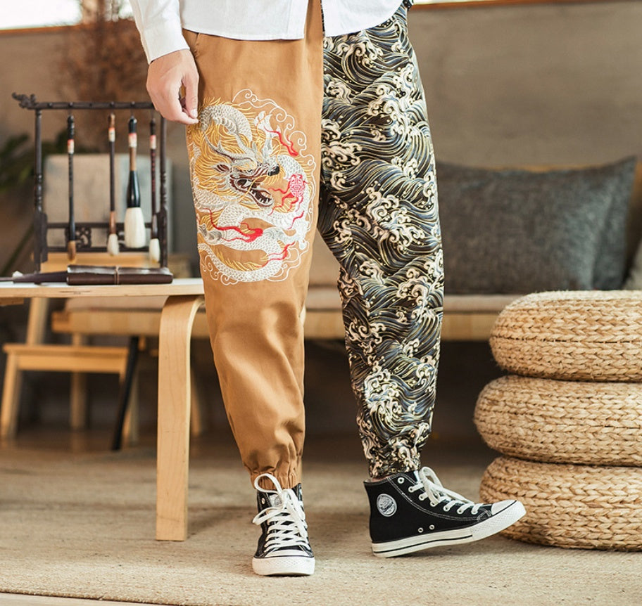 Embroidered Silver Dragon Casual Versatile Trousers