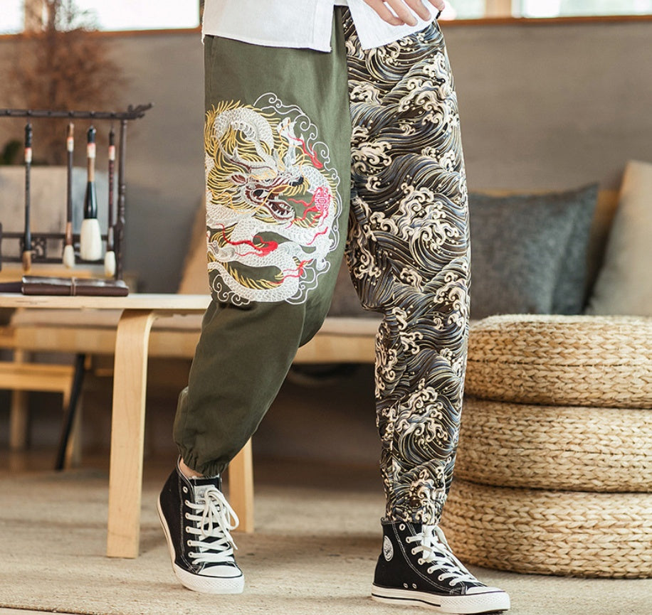 Embroidered Silver Dragon Casual Versatile Trousers
