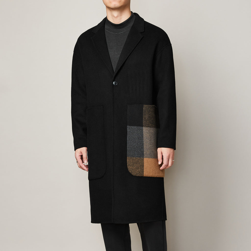 Men's Color Contrast Stitching Long Woolen Coat
