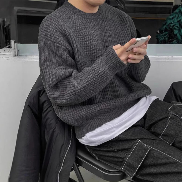 Men's Long Sleeve British Round Neck Pullover Knitted Sweater