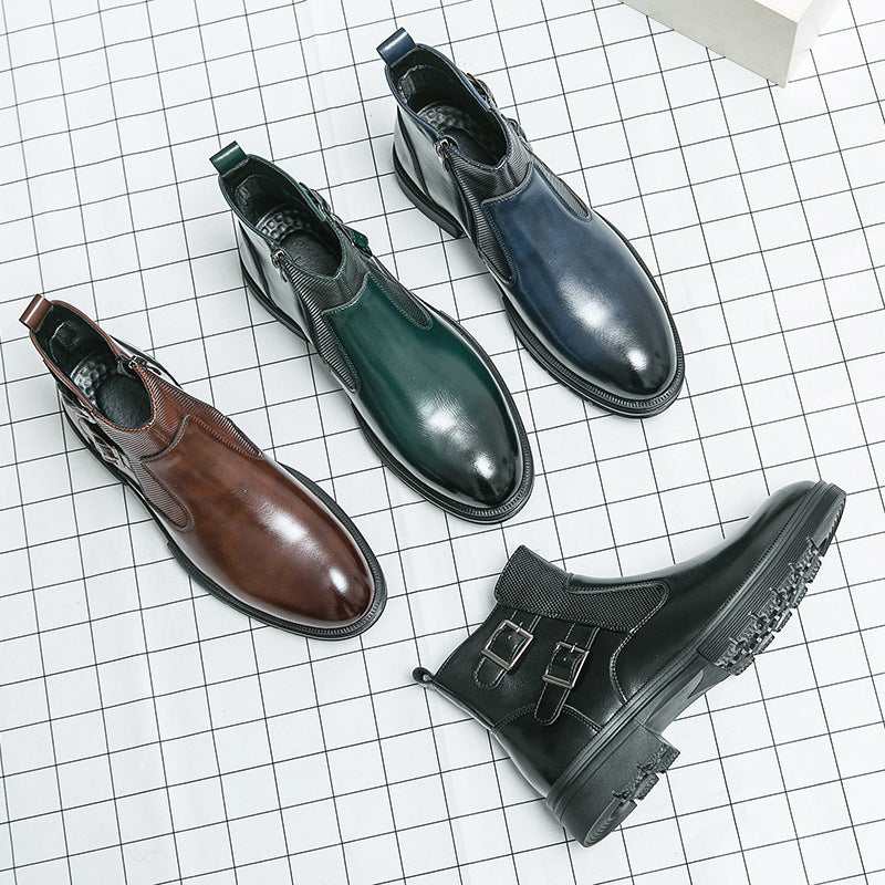 High-top British Double Buckle Slip-on Leather Boots