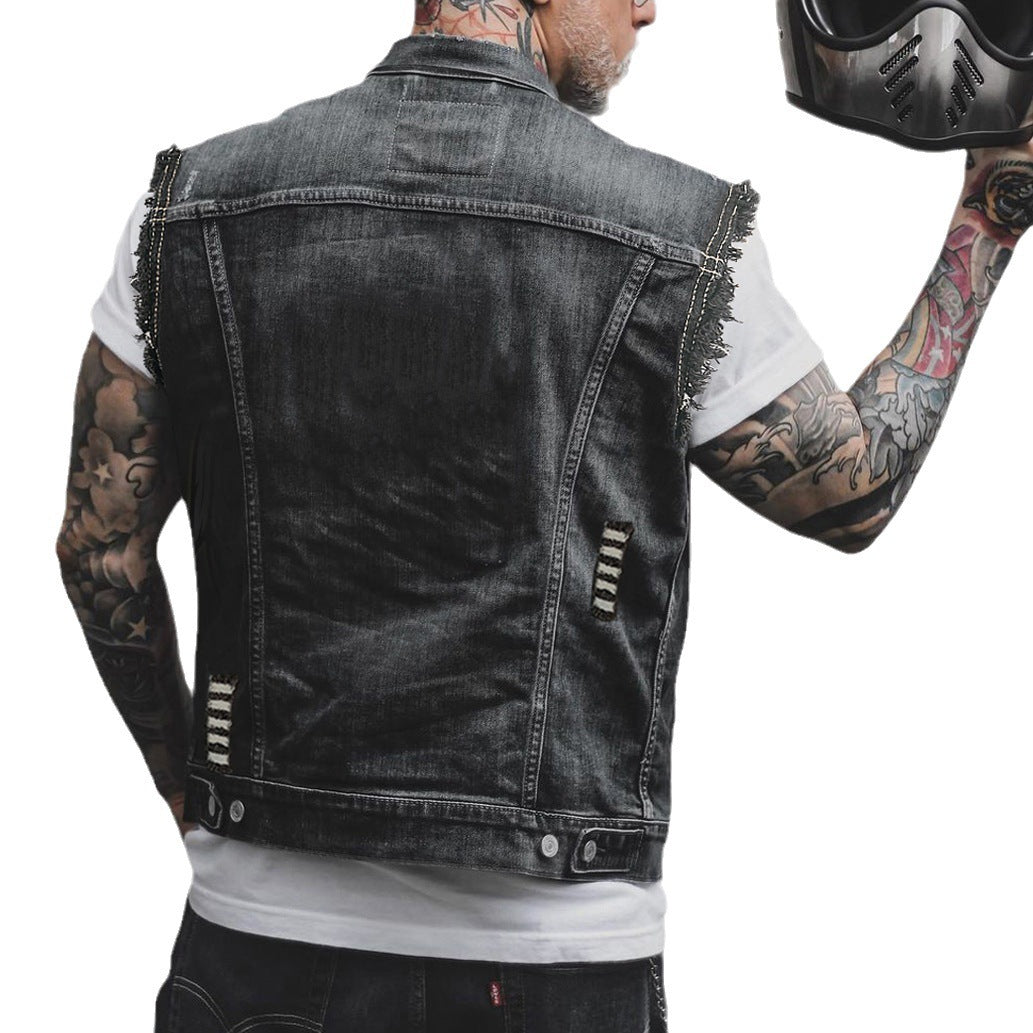 Men's Denim Sleeveless Turn-down Collar Coat