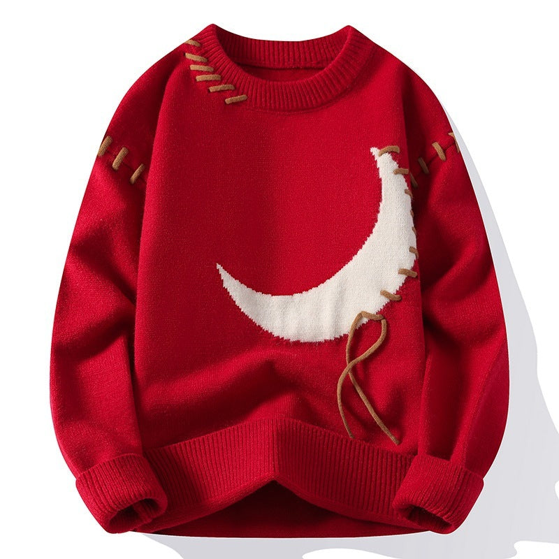 Moon Jacquard Round Neck Sweater For Men
