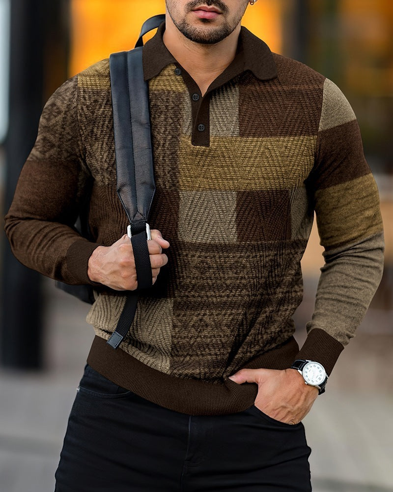 Men's Digital Printing Lapel Button Casual sweater