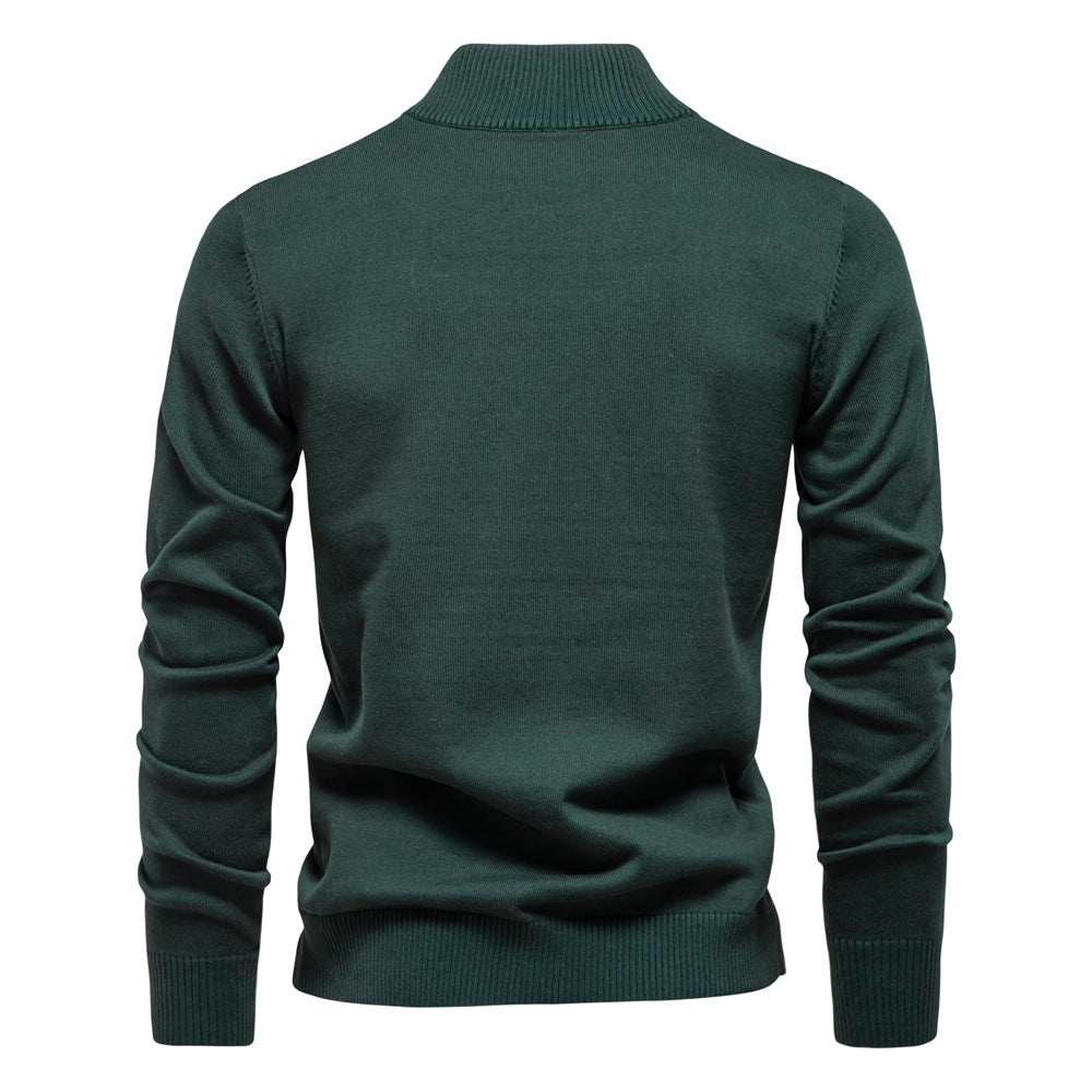 Men's Stand Collar Half Zip Solid Color Cotton Sweater