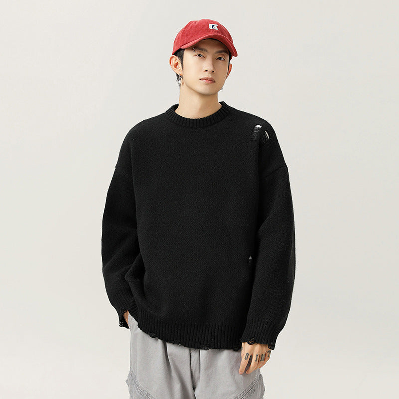 Retro Hollow-out Ripped Design Round Neck Sweater