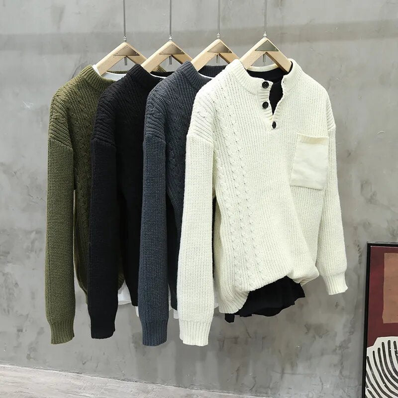 Retro Pullover Men Loose Pockets All-match Casual Sweater