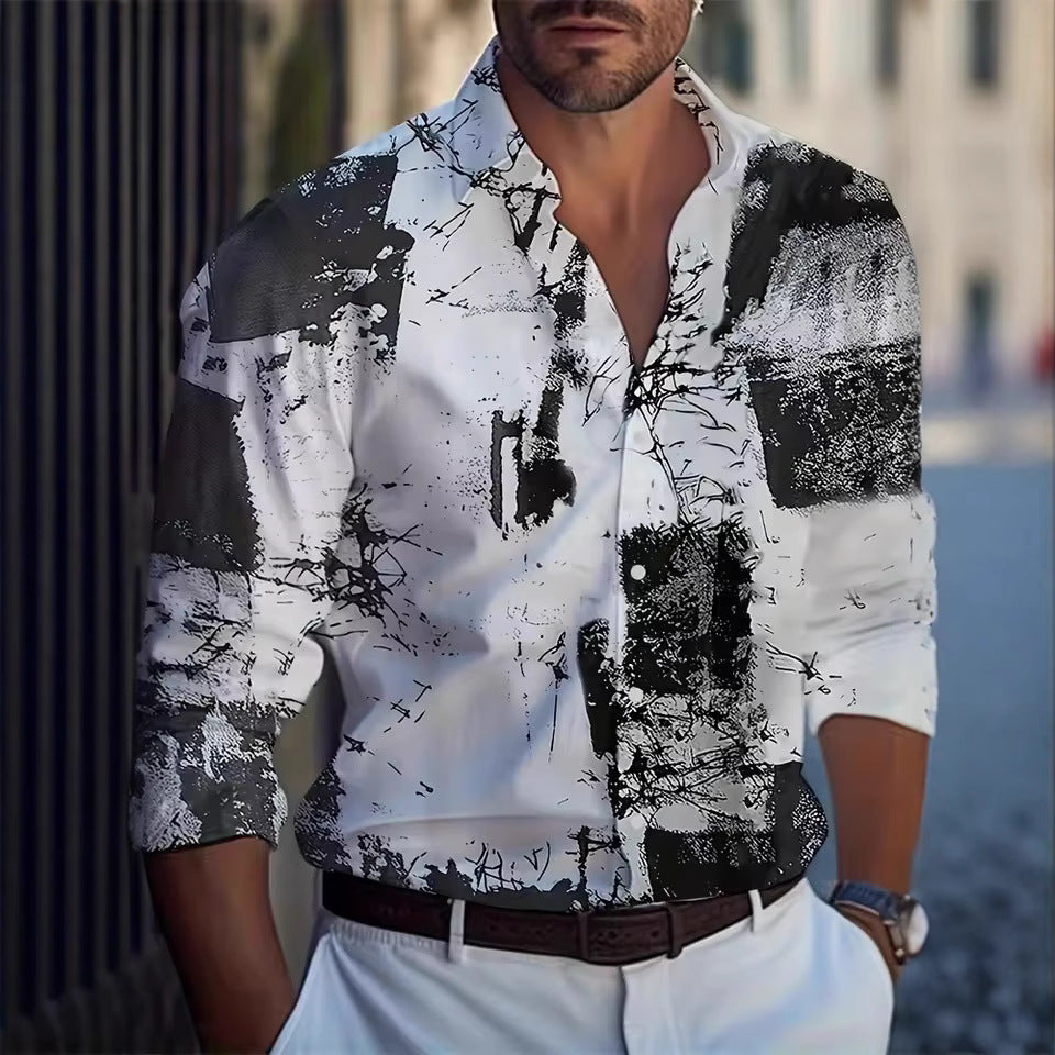 Men's Long Sleeve Palm Tree And Striped Printed Shirt