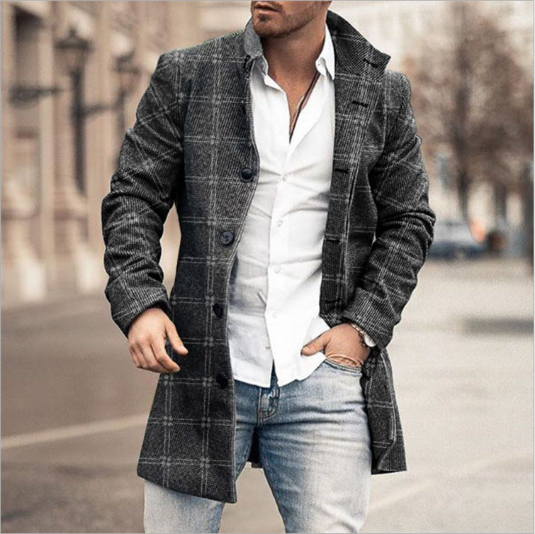 Fall Winter Men Woolen Stand Collar Mid-length trench coat