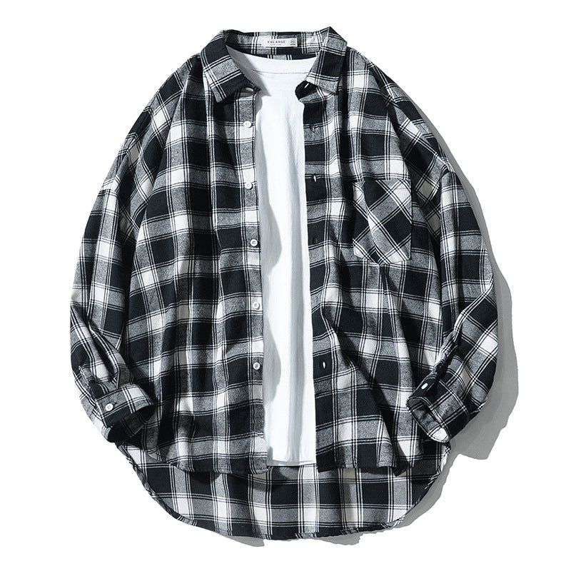 Japanese Style Plaid Long Sleeve Shirt men