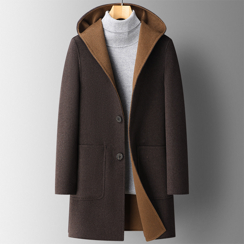 Fall Winter Hooded Double-sided Wear Wool Men's Mid-length Overcoat