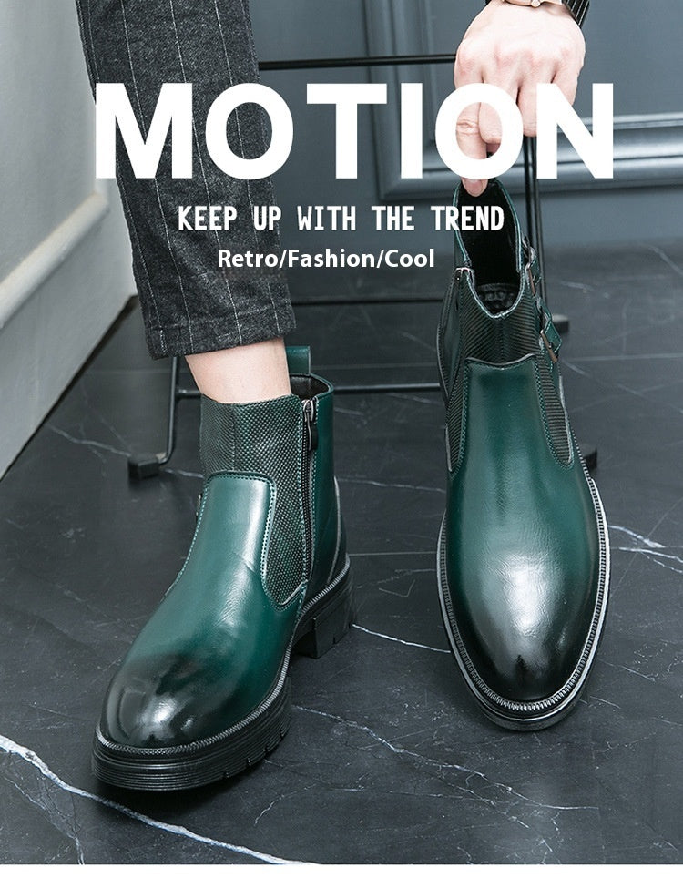 High-top British Double Buckle Slip-on Leather Boots