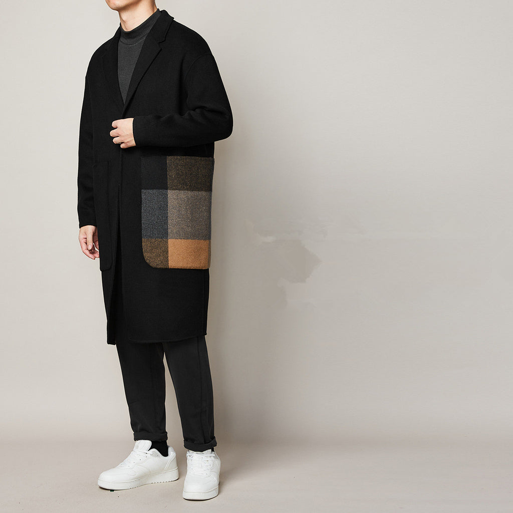 Men's Color Contrast Stitching Long Woolen Coat