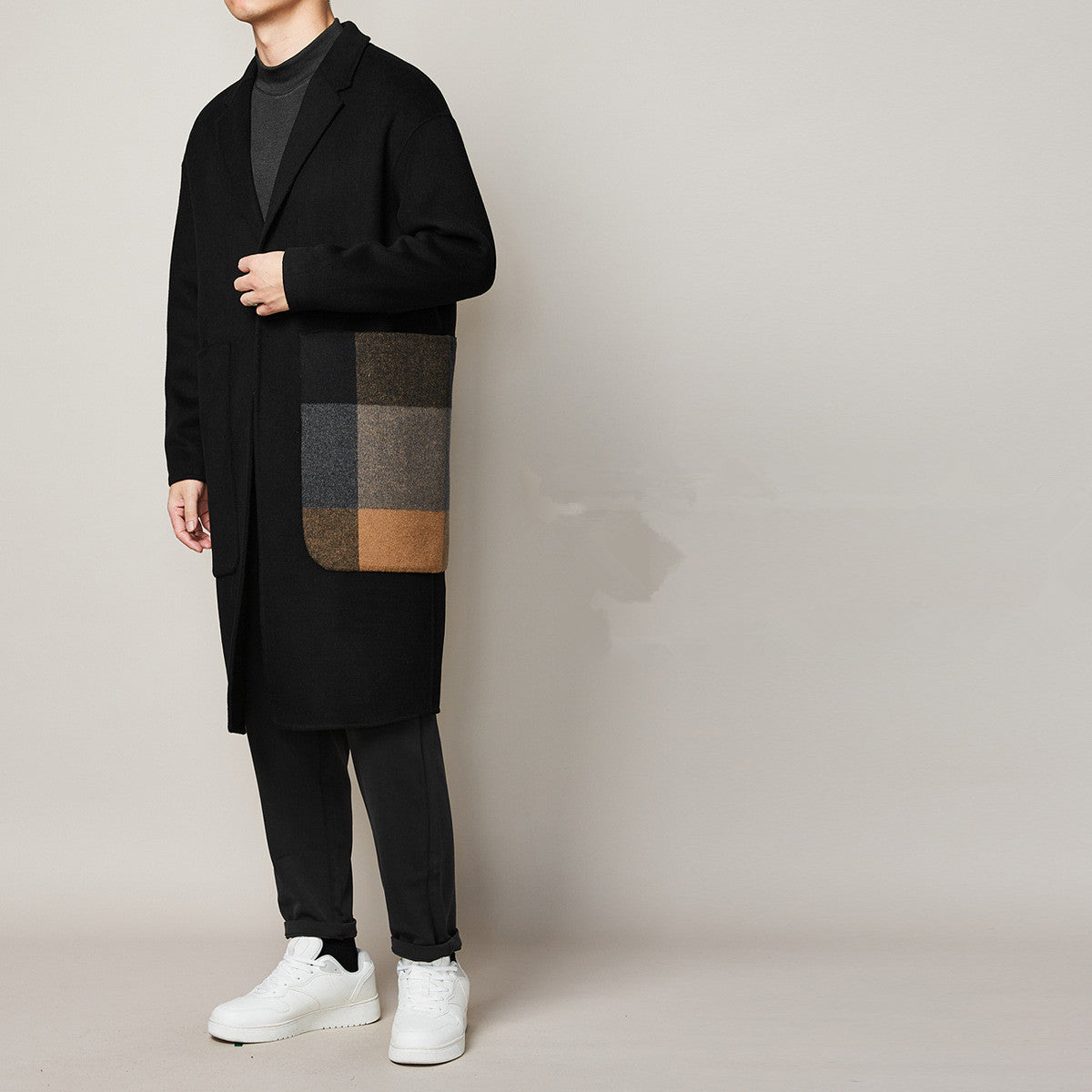 Men's Color Contrast Stitching Long Woolen Coat