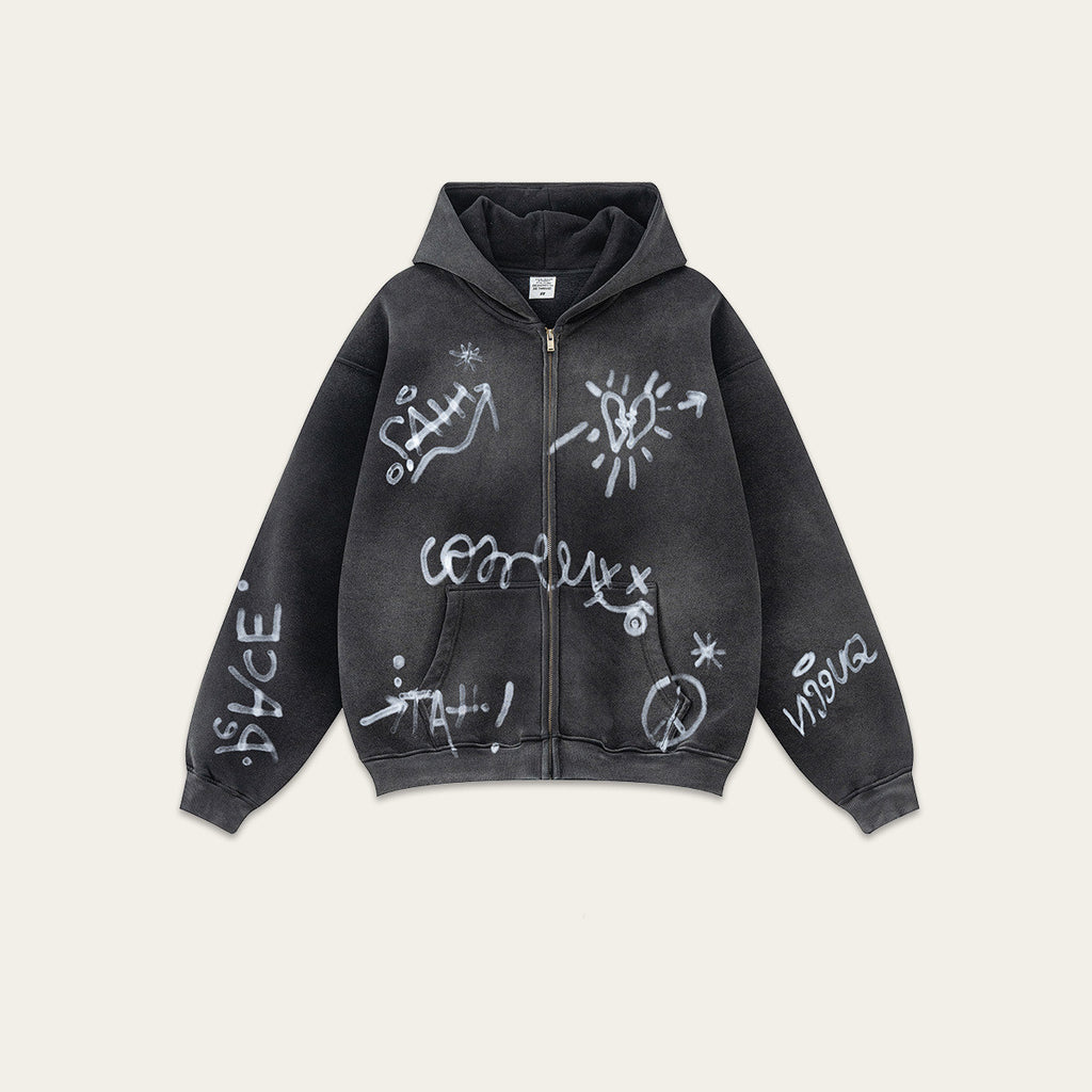 Retro High-grade Graffiti Long-sleeved Knitted Cardigan hooded sweater