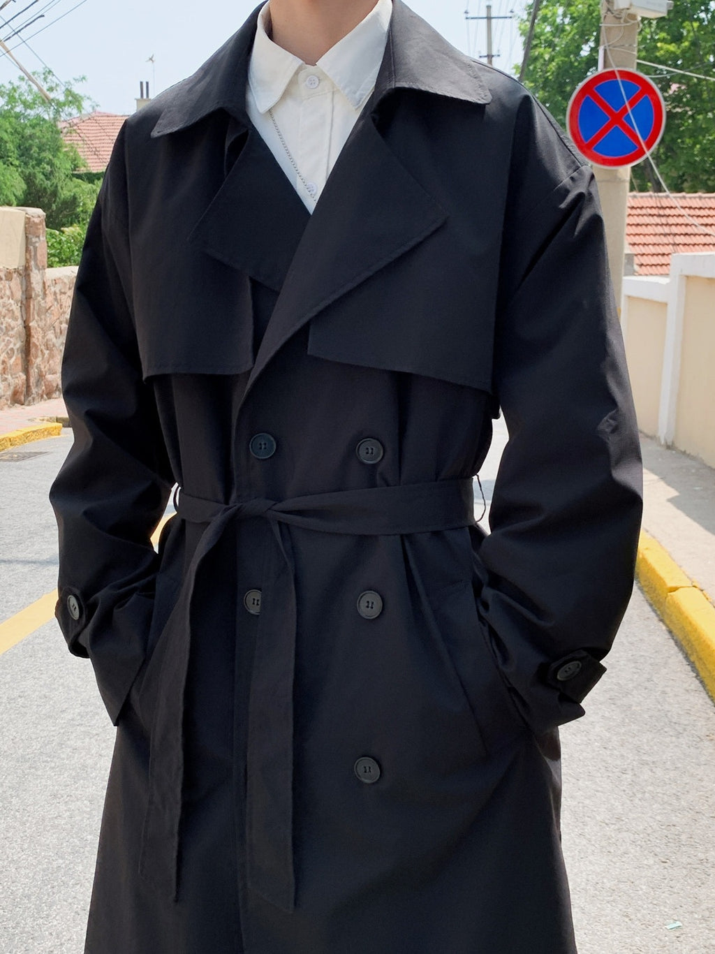 Double Breasted Men's Medium Length Trench Coat